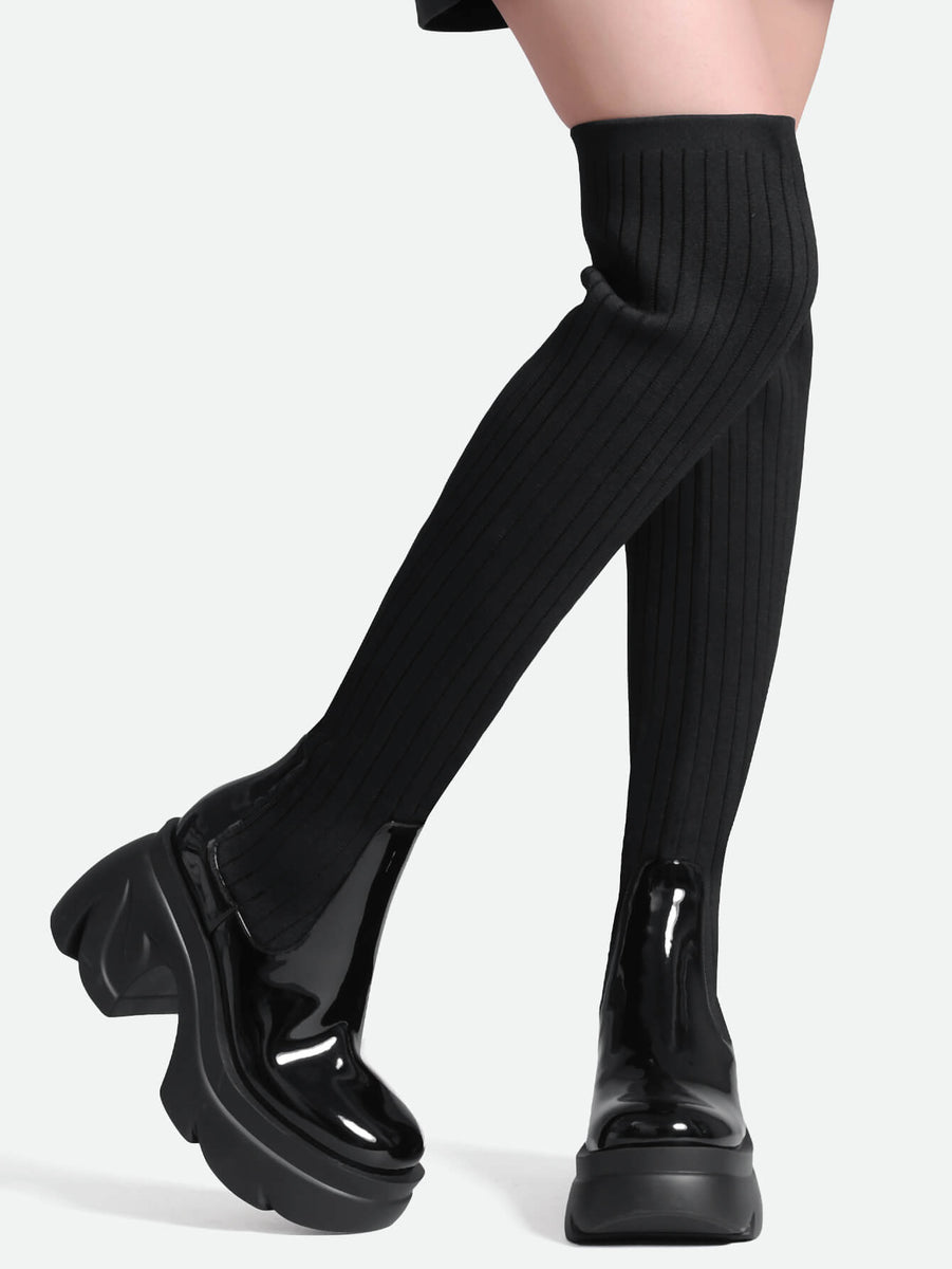 Shoe N Tale Thigh High Boots Round Toe Mid Chunky High Heel Stretch Over the Knee Boots for Women shoentale