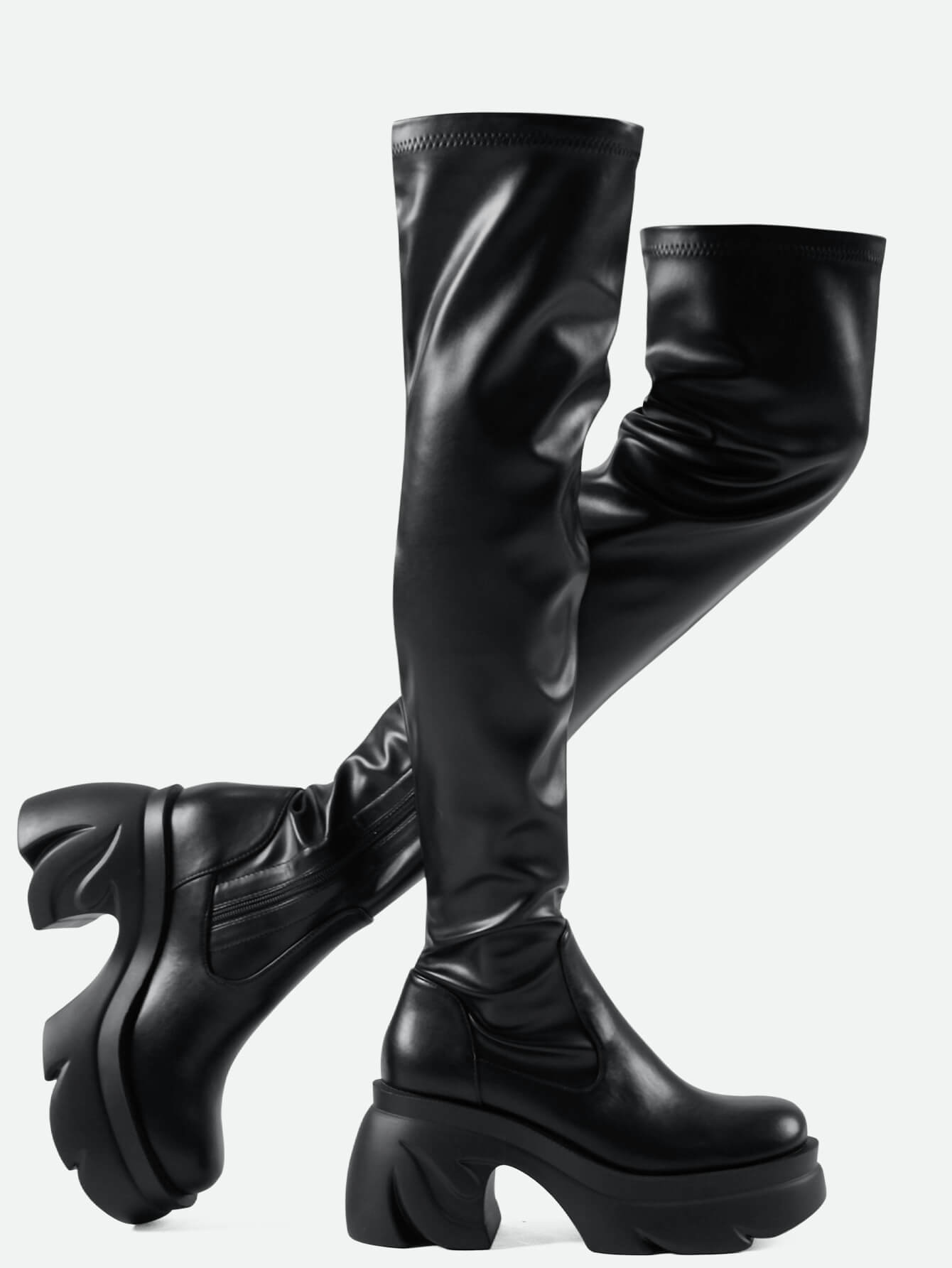 Shoe'N Tale Thigh High Boots Round Toe Mid Chunky High Heel