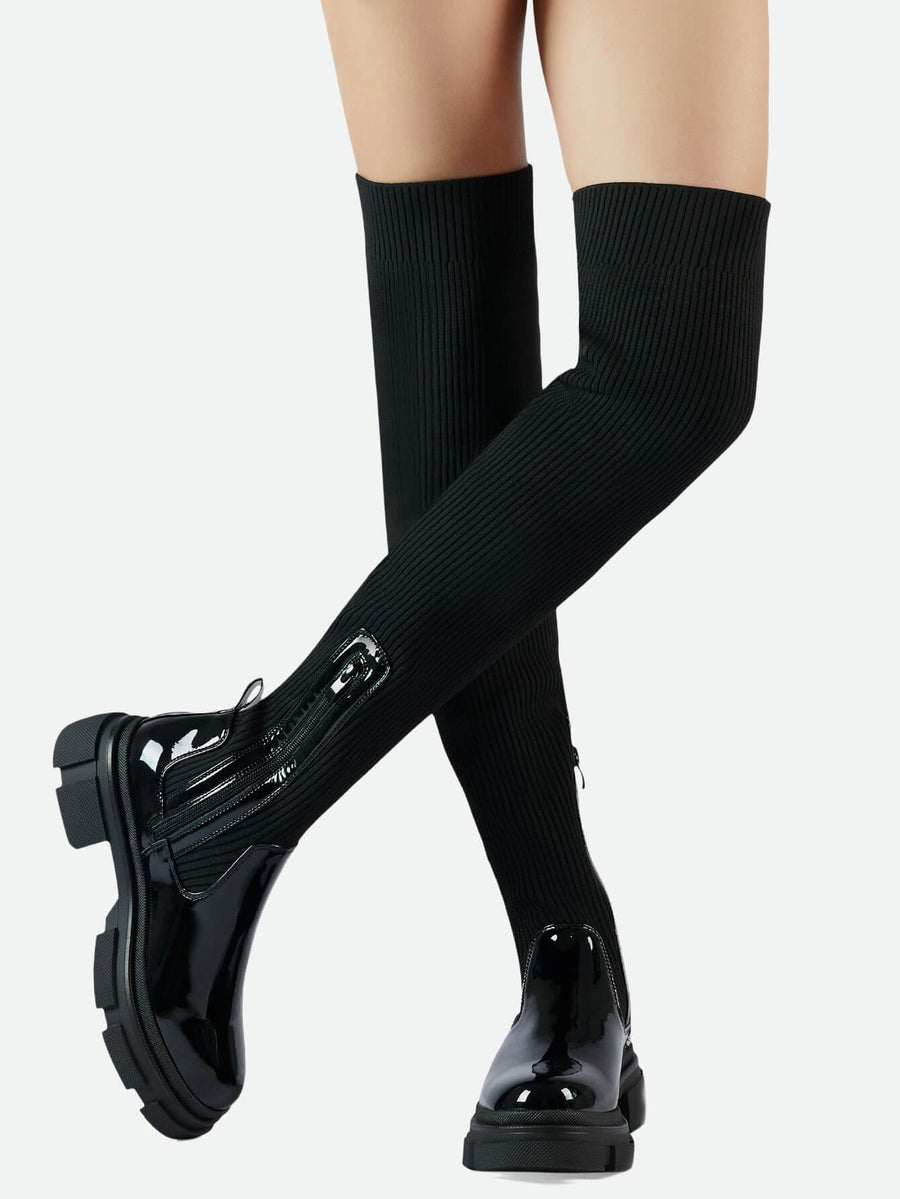 Shoe'N Tale Women Stretch Suede Chunky Heel Thigh High Over The Knee Boots