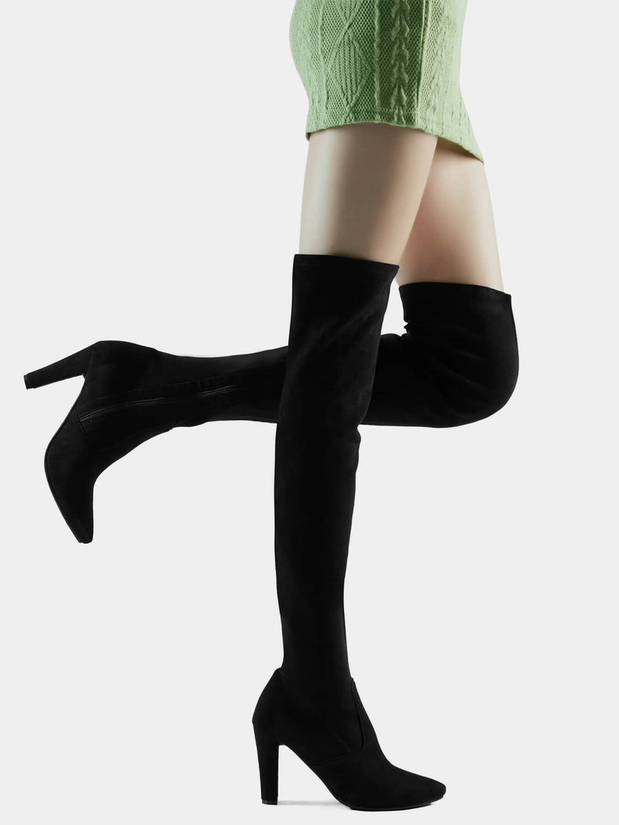 Shoe'N Tale Women Stretch Suede Chunky Heel Thigh High Over The Knee Boots