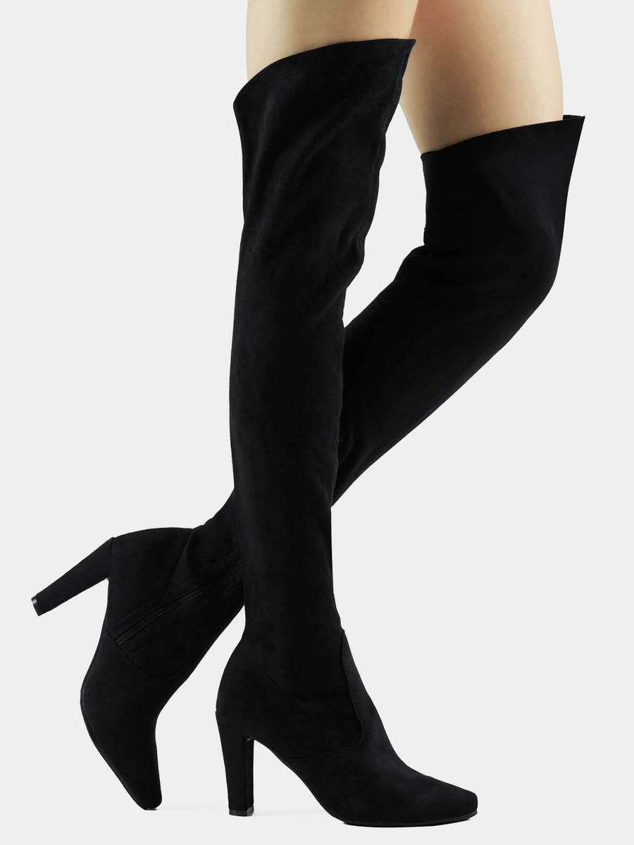 Shoe'N Tale Women Stretch Suede Chunky Heel Thigh High Over The Knee Boots